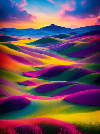 Rainbow painting. Colourful fields landscapes. AI generated illustrationの素材