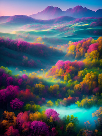 Colourful landscape. AI generated illustrationの素材