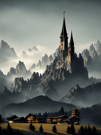 Painted Church in Mountains landscape. AI generated illustrationの素材