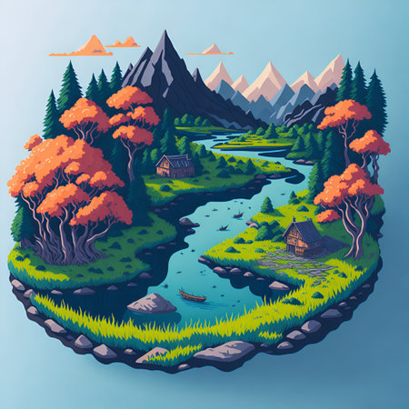 Field near river landscape. AI generated illustrationの素材