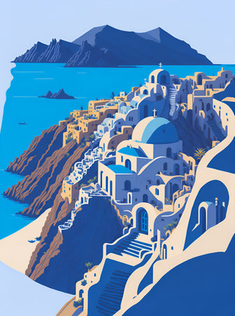 Santorini Coast landscape. AI generated illustrationの素材
