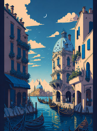 Rainy Venice street. AI generated illustrationの素材