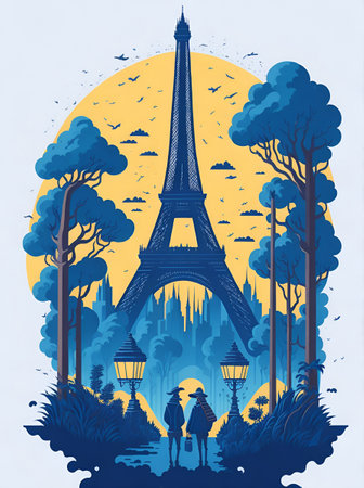Rainy Paris city street. AI generated illustrationの素材