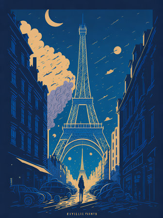 Rainy Paris city street. AI generated illustrationの素材