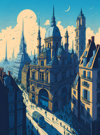 Rainy Paris city street. AI generated illustrationの素材