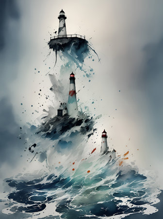 Lighthouse landscape painting. AI generated illustrationの素材