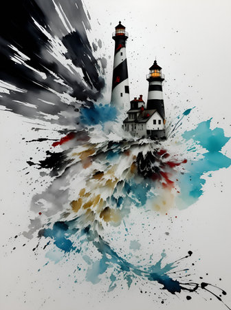 Lighthouse landscape painting. AI generated illustrationの素材