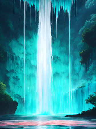 Fantasy faterfall landscape. AI generated illustrationの素材