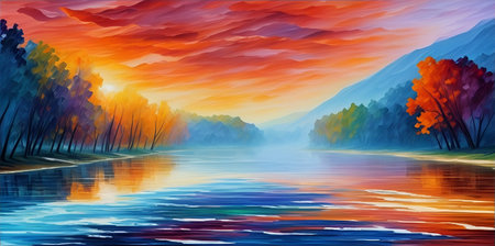 Morning river landscape. AI generated illustrationの素材