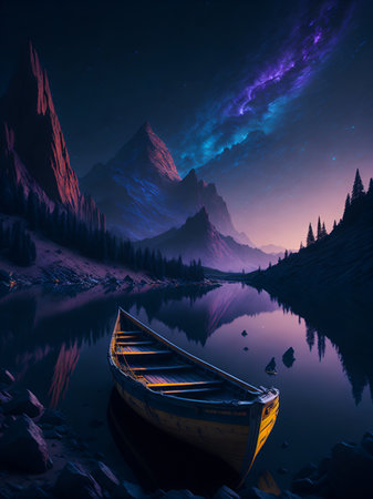 Highland lake night landscape. AI generated illustrationの素材