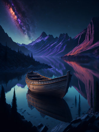 Highland lake night landscape. AI generated illustrationの素材