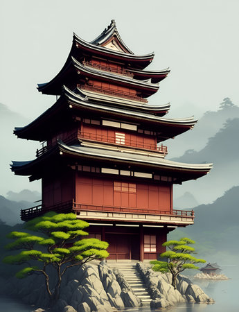 Japanese village landscape. AI generated illustrationの素材
