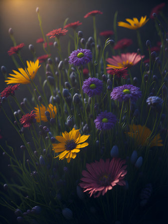 Close-up spring meadow flowers. AI generated illustrationの素材