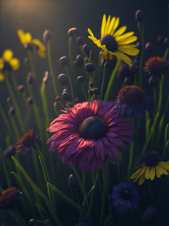 Close-up spring meadow flowers. AI generated illustrationの素材