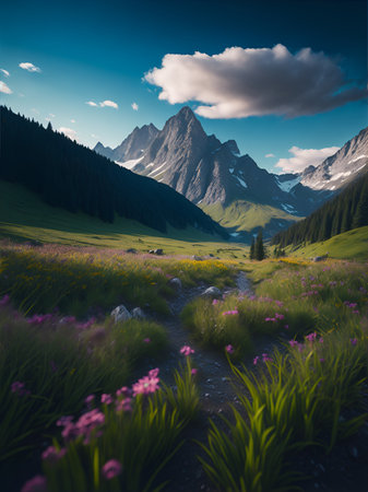 Alps meadow lanscape. AI generated illustrationの素材