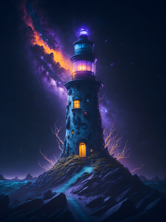 Lighthouse with night sky. AI generated illustrationの素材