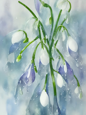 Snowdrop close-up watercolor. AI generated illustrationの素材