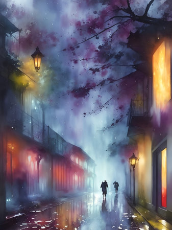 Couple walking in rainy alley watercolor. AI generated illustrationの素材