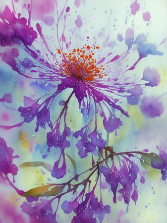 Closeup flowers with raindrops. Watercolor paint. AI generated illustrationの素材