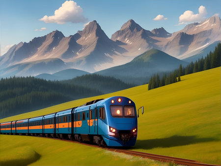 Train moving with mountains background. AI generated illustrationの素材