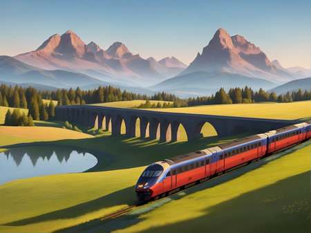 Train moving with mountains background. AI generated illustrationの素材