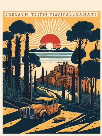 Retro vintage style postcard. Retro car in Italy landscape. AI generated illustrationの素材