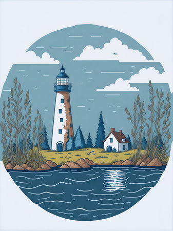 Cartoon Lighthouse drawing. AI generated illustrationの素材