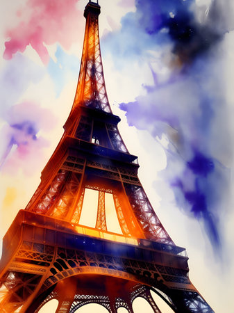Watercolor Eiffel Tower, Paris. AI generated illustrationの素材