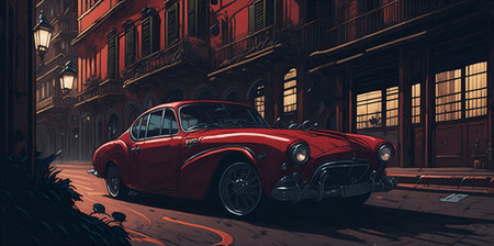 Anime style car drifting in the night sea. AI generated illustrationの素材