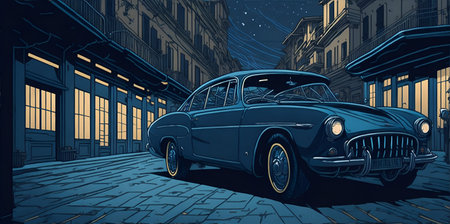 Anime style car drifting in the night sea. AI generated illustrationの素材