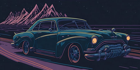 Anime style car drifting in the night sea. AI generated illustrationの素材