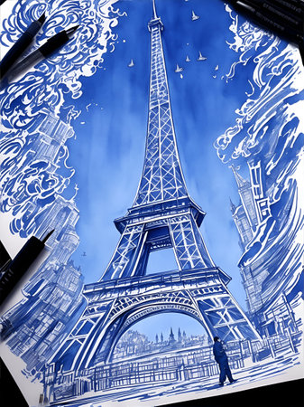 Eiffel Tower pencil drawing. AI generated illustrationの素材