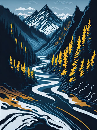 Highland river landscape. AI generated illustrationの素材