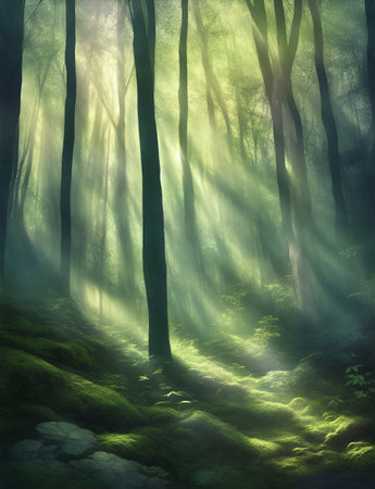 Morning forest landscape. AI generated illustrationの素材