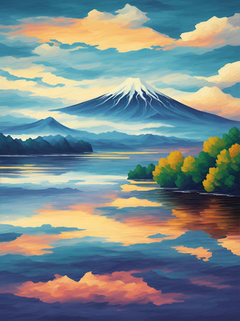 Highland lake landscape. AI generated illustrationの素材