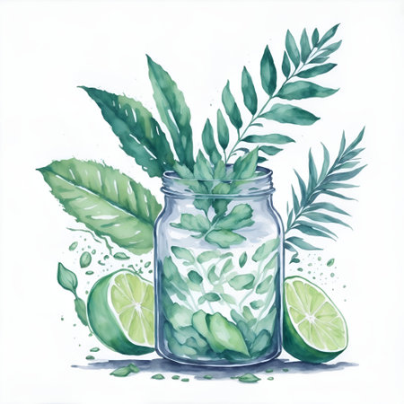 Beautiful watercolor drawing of Mojito in glass. AI generated illustrationの素材