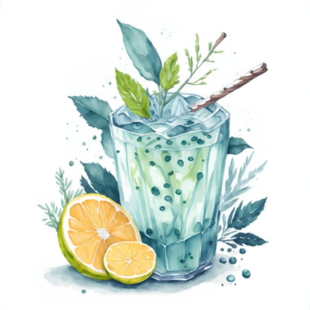 Beautiful watercolor drawing of Mojito in glass. AI generated illustrationの素材