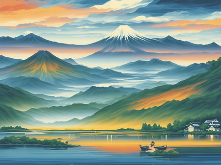 Highland lake landscape. AI generated illustrationの素材