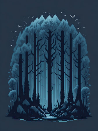 A dark cypress magic forest. AI generated illustrationの素材
