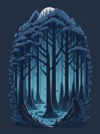 A dark cypress magic forest. AI generated illustrationの素材