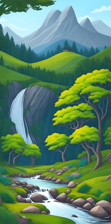Cartoon river in the forest. AI generated illustrationの素材