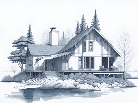Cottage drawing. AI generated illustrationの素材