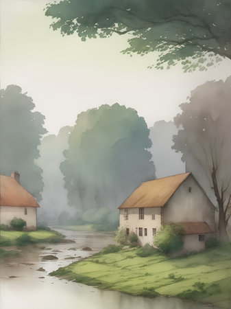 English farmhouse landscape. AI generated illustrationの素材