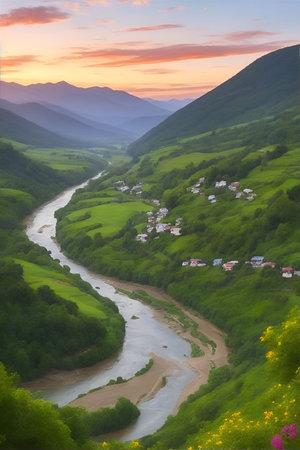 River flow. Mountains landscape. AI generated illustrationの素材
