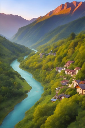 River flow. Mountains landscape. AI generated illustrationの素材