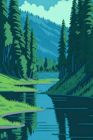 Forest lake landscape. AI generated illustrationの素材