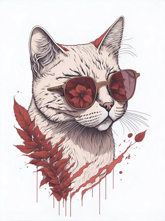 Cat with sunglasses. Cartooon. AI generated illustrationの素材