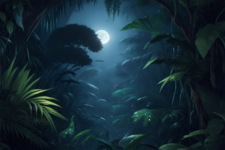 The jungle with moonlight. AI generated illustrationの素材