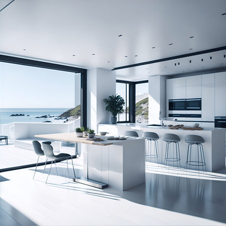 Modern minimalist style kitchen. AI generated illustrationの素材