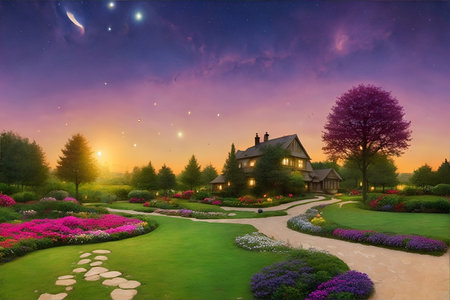 Space and stars garden. AI generated illustrationの素材